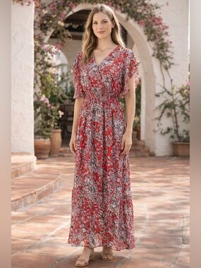 Le Ragazze Italian Red Floral Maxi Dress Silk Blend Flutter Sleeve Boho Size L